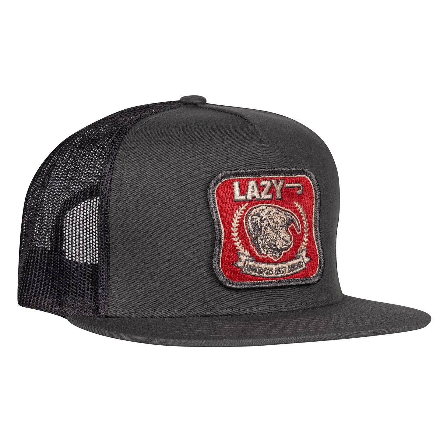 LAZY J RANCH CHARCOAL GREY RED AMERICA'S BEST BRAND CLASSIC FIVE PANEL TRUCKER HAT